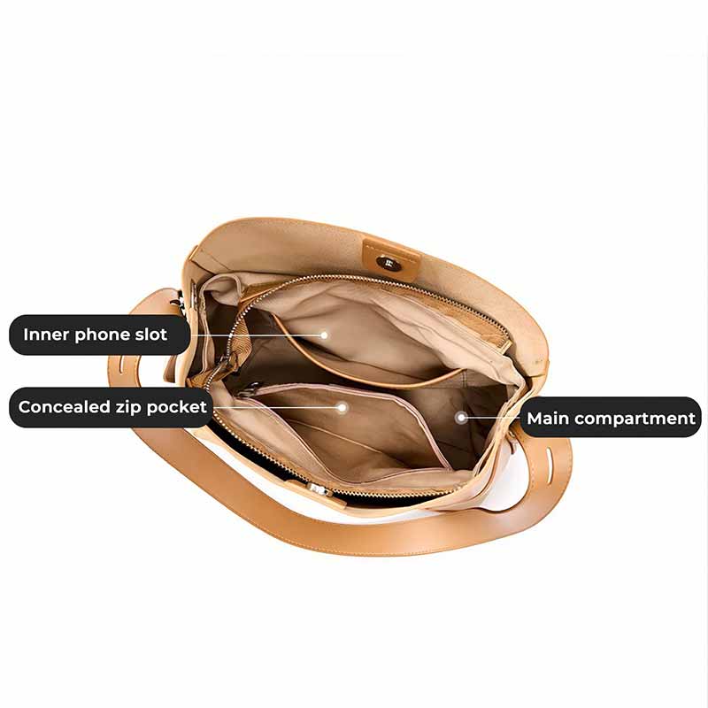 Women's Khaki Genuine Leather Bucket Bags Wide Strap Shoulder Bags inner compartments