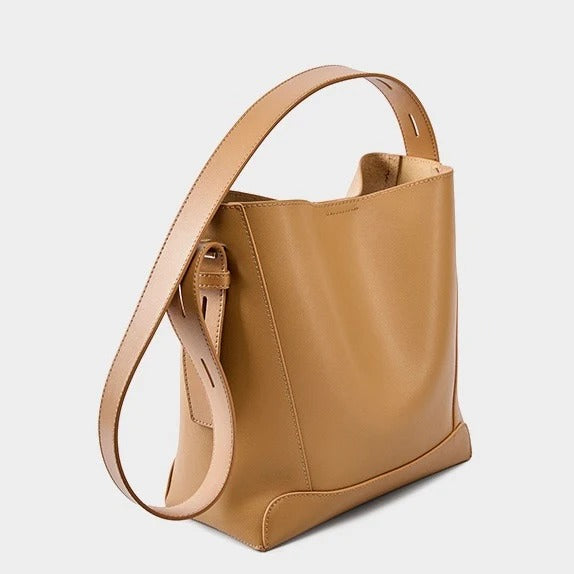 Khaki Genuine Leather Bucket Bags Wide Strap Shoulder Bags