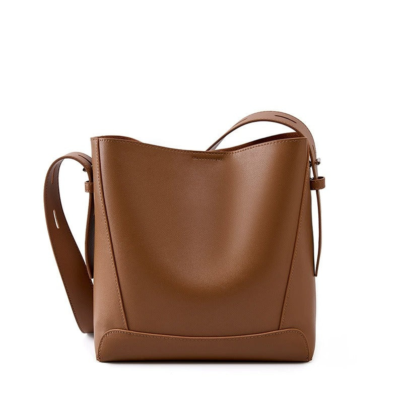 Women's Brown Genuine Leather Bucket Bags Wide Strap Shoulder Bags