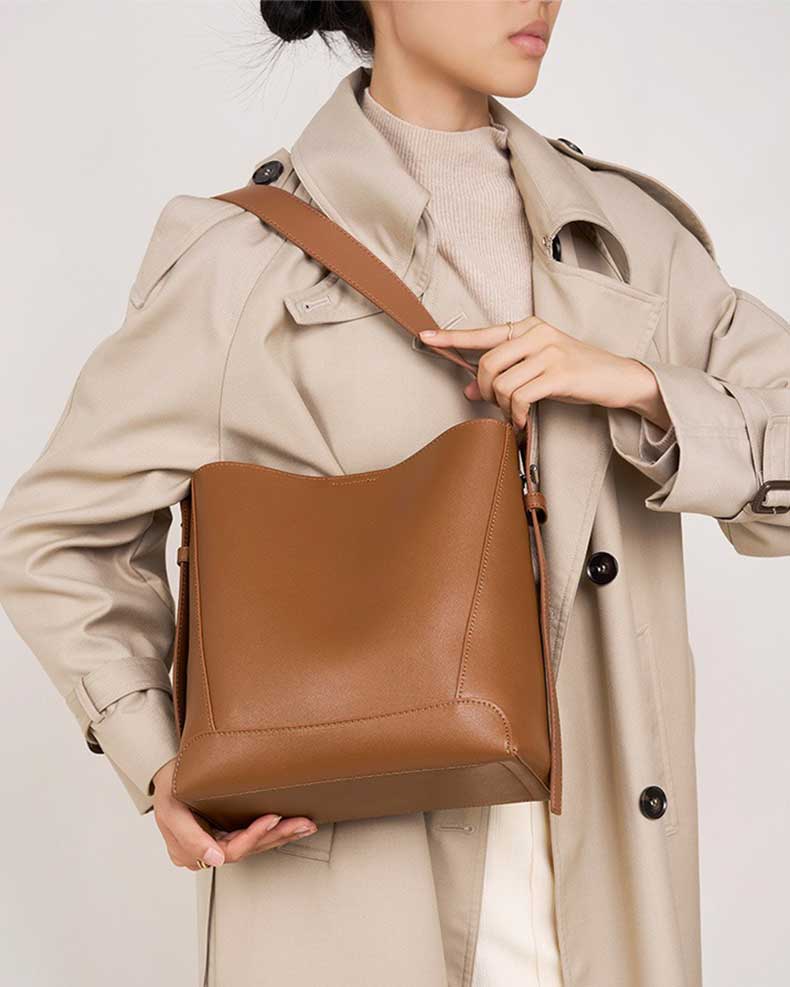 Brown Genuine Leather Bucket Bags Wide Strap Shoulder Bags