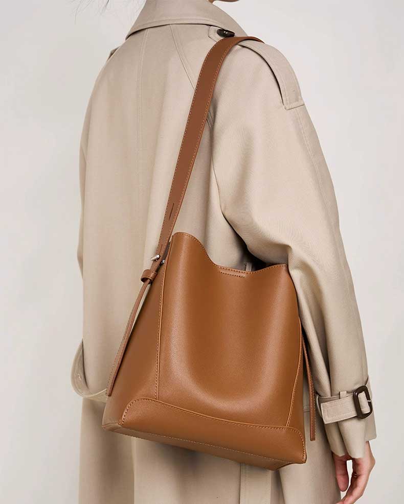 Women's Brown Leather Bucket Bags Wide Strap Shoulder Bags