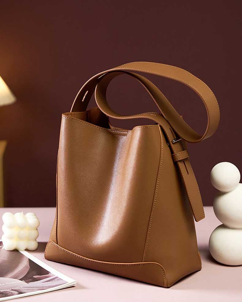 Brown Leather Bucket Bags Wide Strap Shoulder Bags