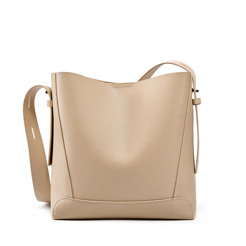 Women's Beige Genuine Leather Bucket Bags Wide Strap Shoulder Bags