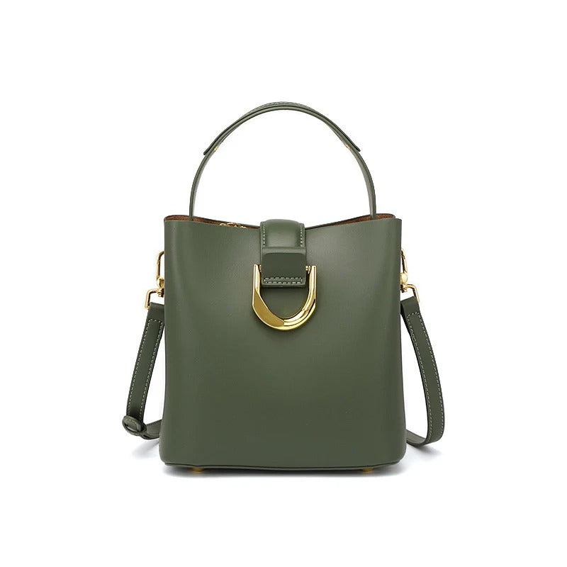 Women's Genuine Leather Green Buckle Zipper Crossbody Bucket Bag
