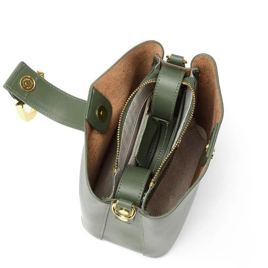 Women's Leather Green Bucket Bag Displaying Storage Capacity