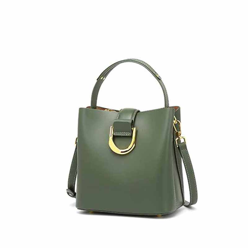 Women's Genuine Leather Green Buckle Zipper Bucket Bag