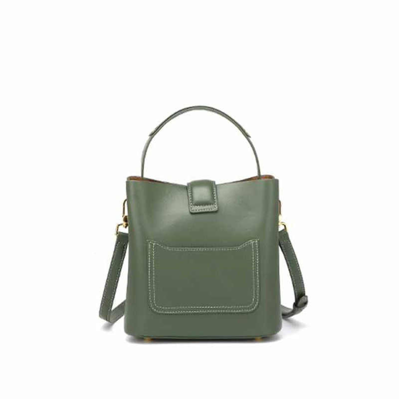 Women's Genuine Leather Green Crossbody Bucket Bag Back View