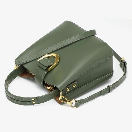 Women's Genuine Leather Green Buckle Zipper Bucket Bag