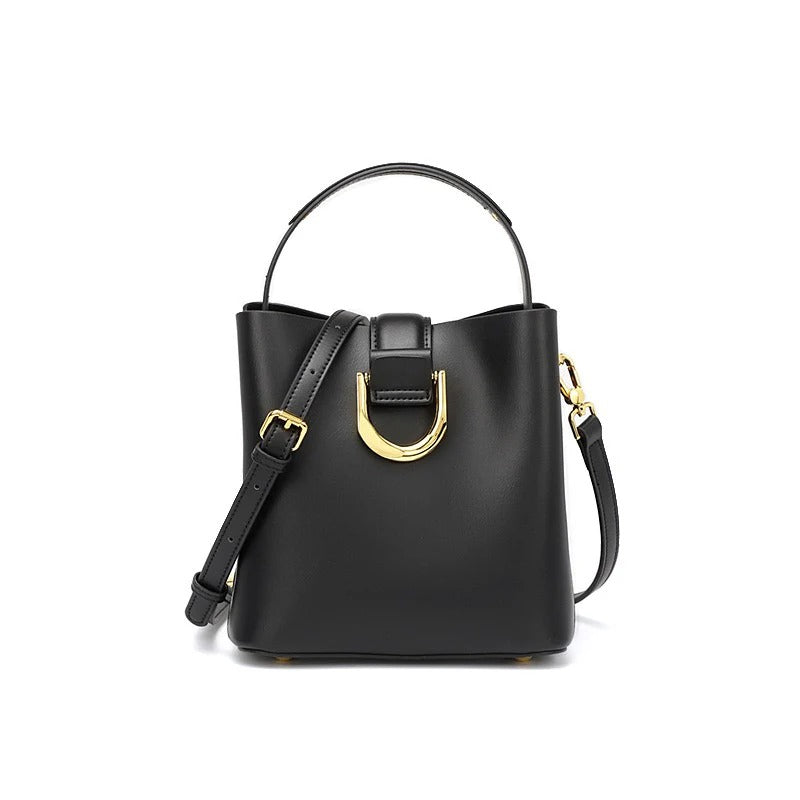 Women's Genuine Leather Black Top Handle Handbag Crossbody Bucket Bag