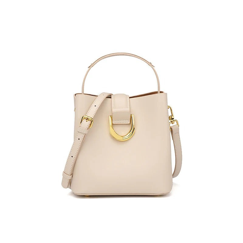 Women's Genuine Leather Off-White Top Handle Handbag Crossbody Bucket Bag