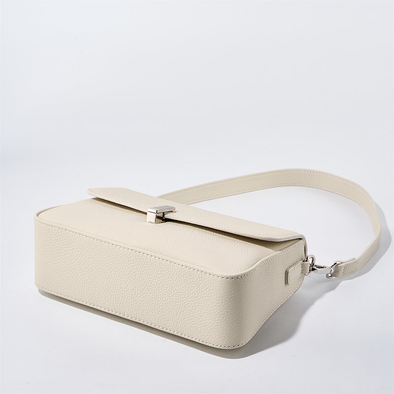 white Genuine Leather Square Flap Shoulder Bag bottom view