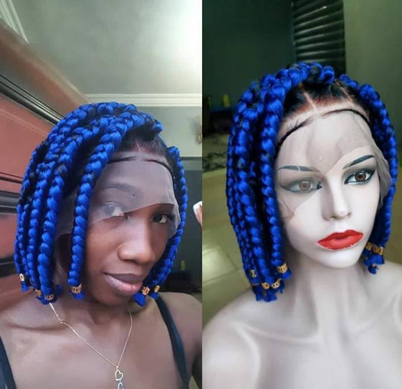 100% Hand Braided Short Blue Box Braids Frontal Colored Braids Wig