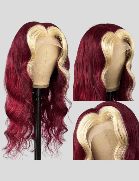 13x4 Lace Front Wigs Body Wave HD Transparent Lace Wigs 99J Burgundy with 613 Blonde Highlight Wigs-4