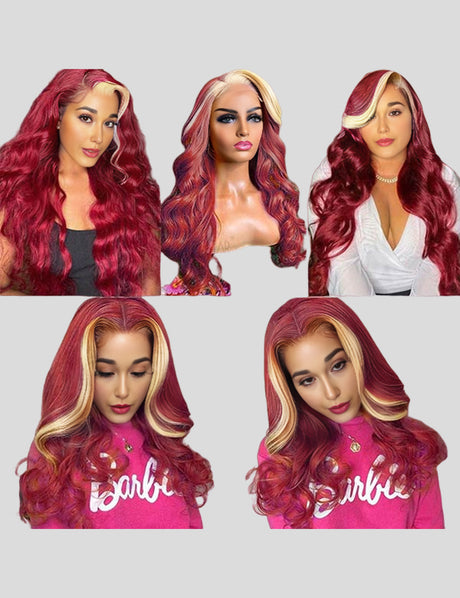 13x4 Lace Front Wigs Body Wave HD Transparent Lace Wigs 99J Burgundy with 613 Blonde Highlight Wigs-5