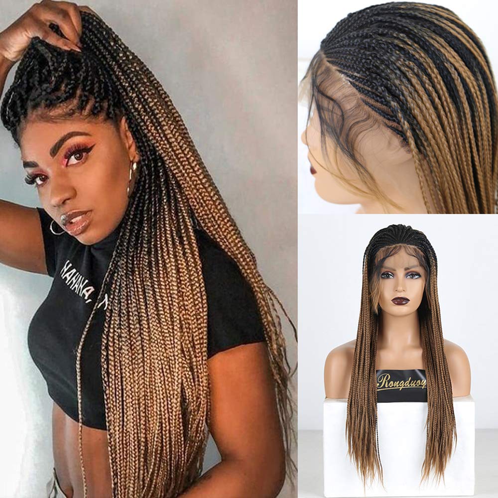 18" Black Root Ombre Brown Synthetic Wig Long Hand Braided Wig