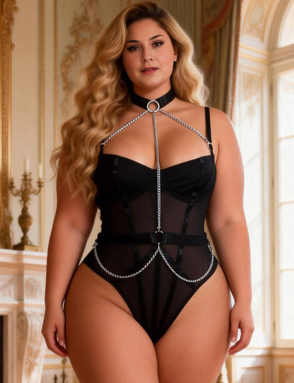 Plus Size Black Mesh Chain Suspender Bodysuit