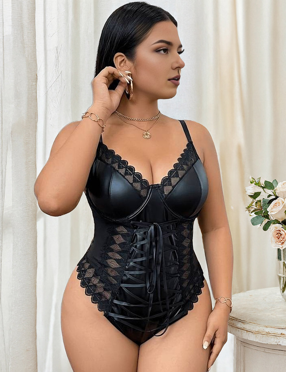 Plus Size Black Faux Leather Lace-Up Bodysuit