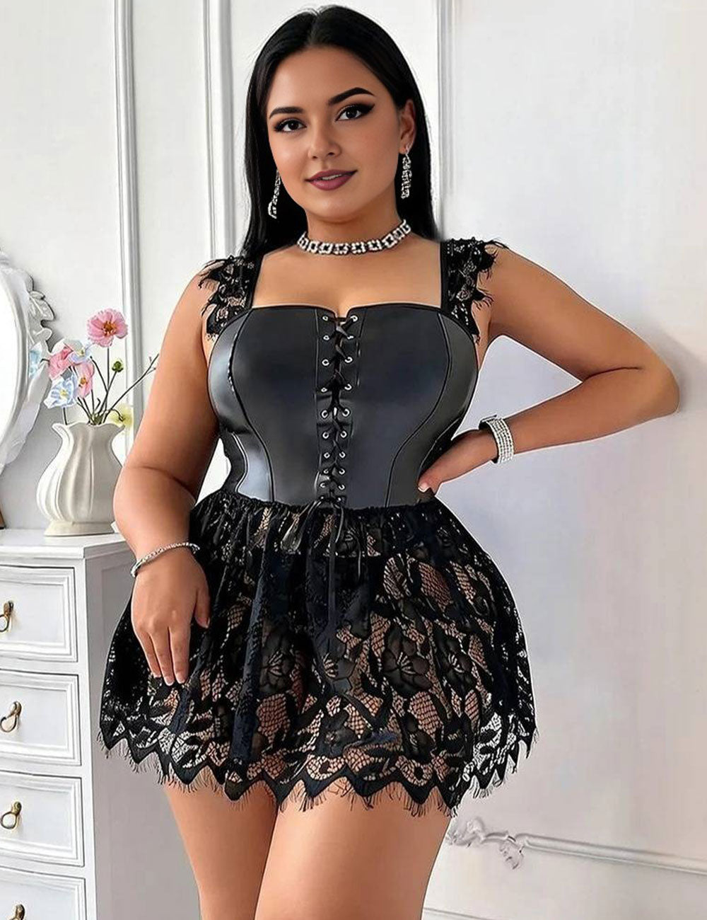 Plus Size Faux Leather Corset Lace Mini Dress