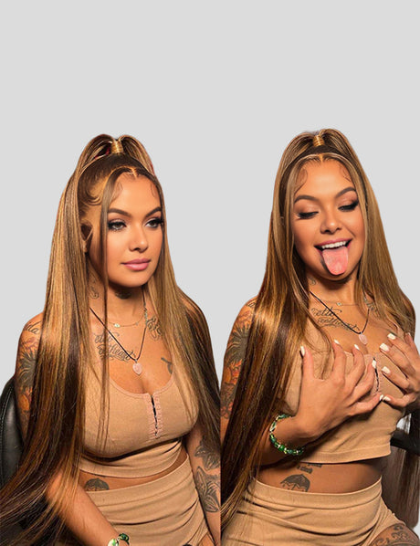 32 inch Balayage Highlight Hair 13x4 Frontal Lace Wigs Straight Pre Plucked Human Hair Wigs-1