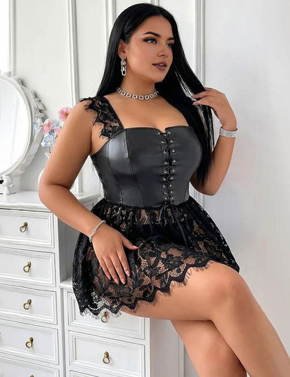 Plus Size Faux Leather Corset Lace Mini Dress