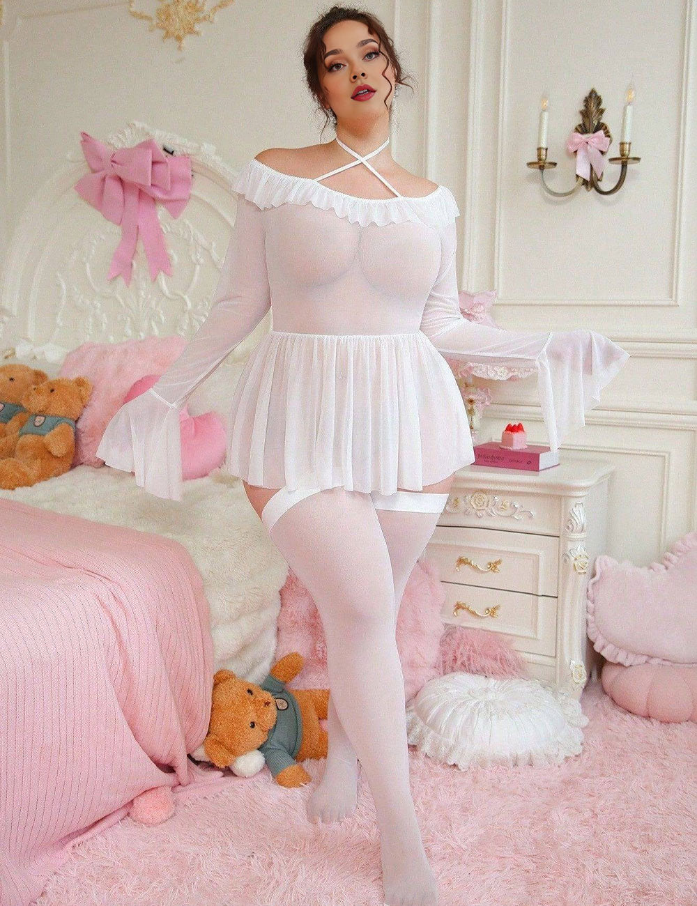 Plus Size White Off-Shoulder Ruffle Lingerie Dress