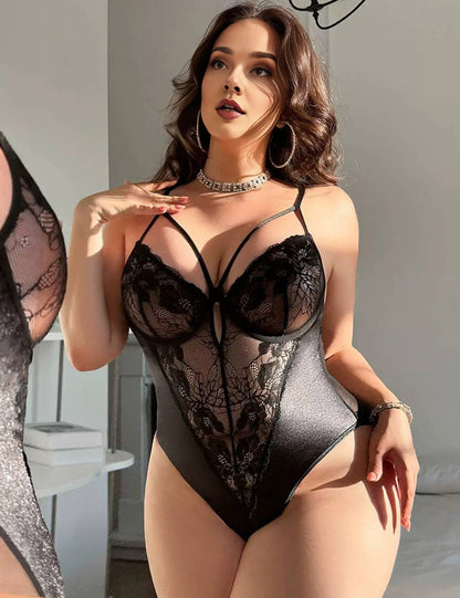 Plus Size Black Floral Lace Cutout Bodysuit
