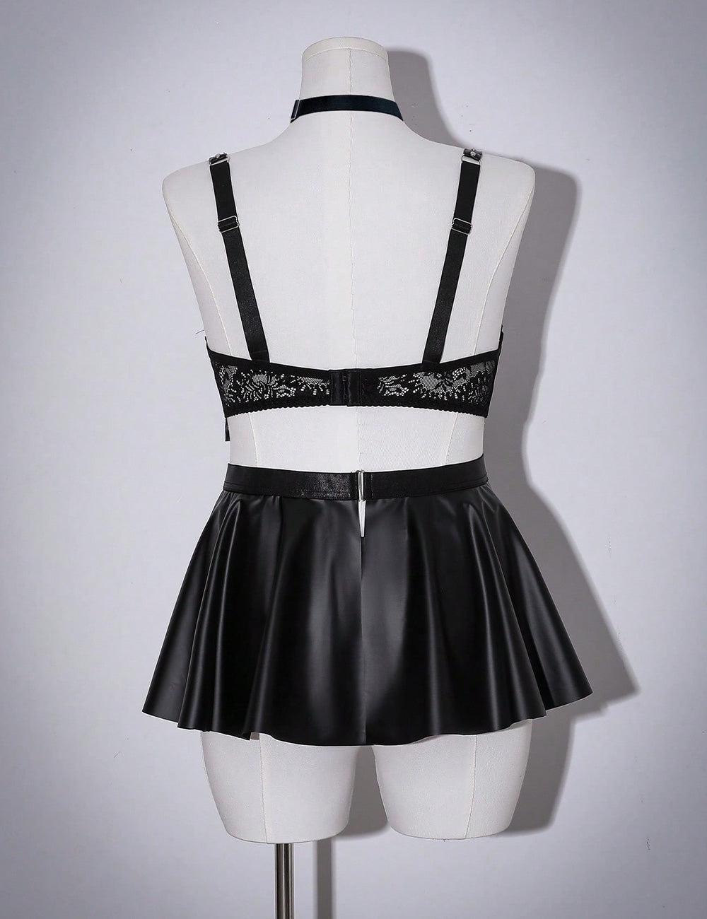 Plus Size Black Faux Leather Lace Trim Lingerie Set