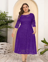 8XL Women Plus Size Evening Dress Hollow Lace Pocket Dress-11