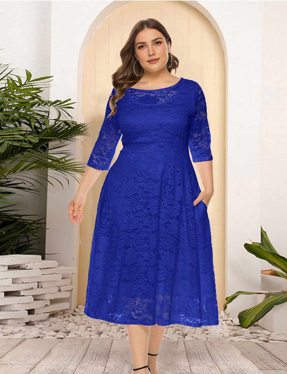 8XL Women Plus Size Evening Dress Hollow Lace Pocket Dress-2