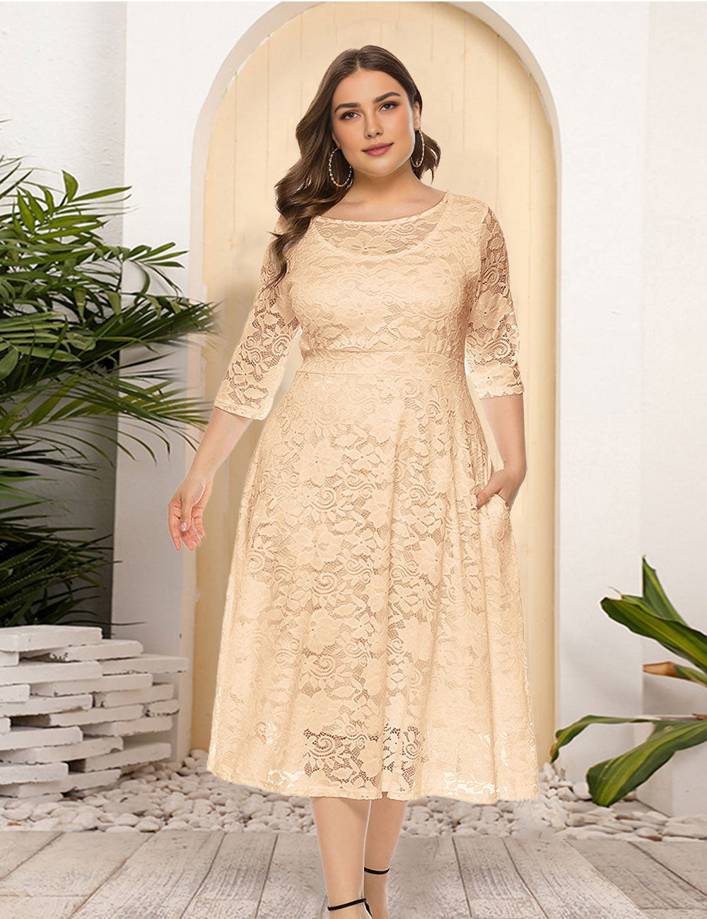 8XL Women Plus Size Evening Dress Hollow Lace Pocket Dress-3