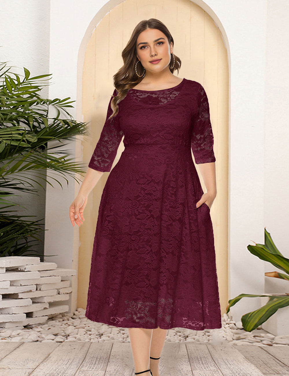 8XL Women Plus Size Evening Dress Hollow Lace Pocket Dress-9