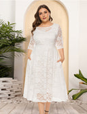 8XL Women Plus Size Evening Dress Hollow Lace Pocket Dress