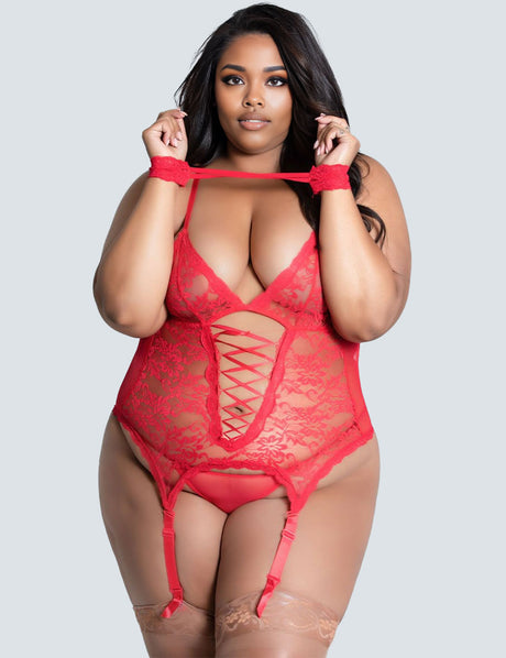 8XL Women Plus Size Lace Temptation Front Strap Garter Babydoll-3