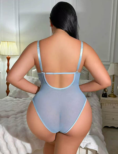 Plus Size Blue Floral Embroidered Lace-Up Bodysuit
