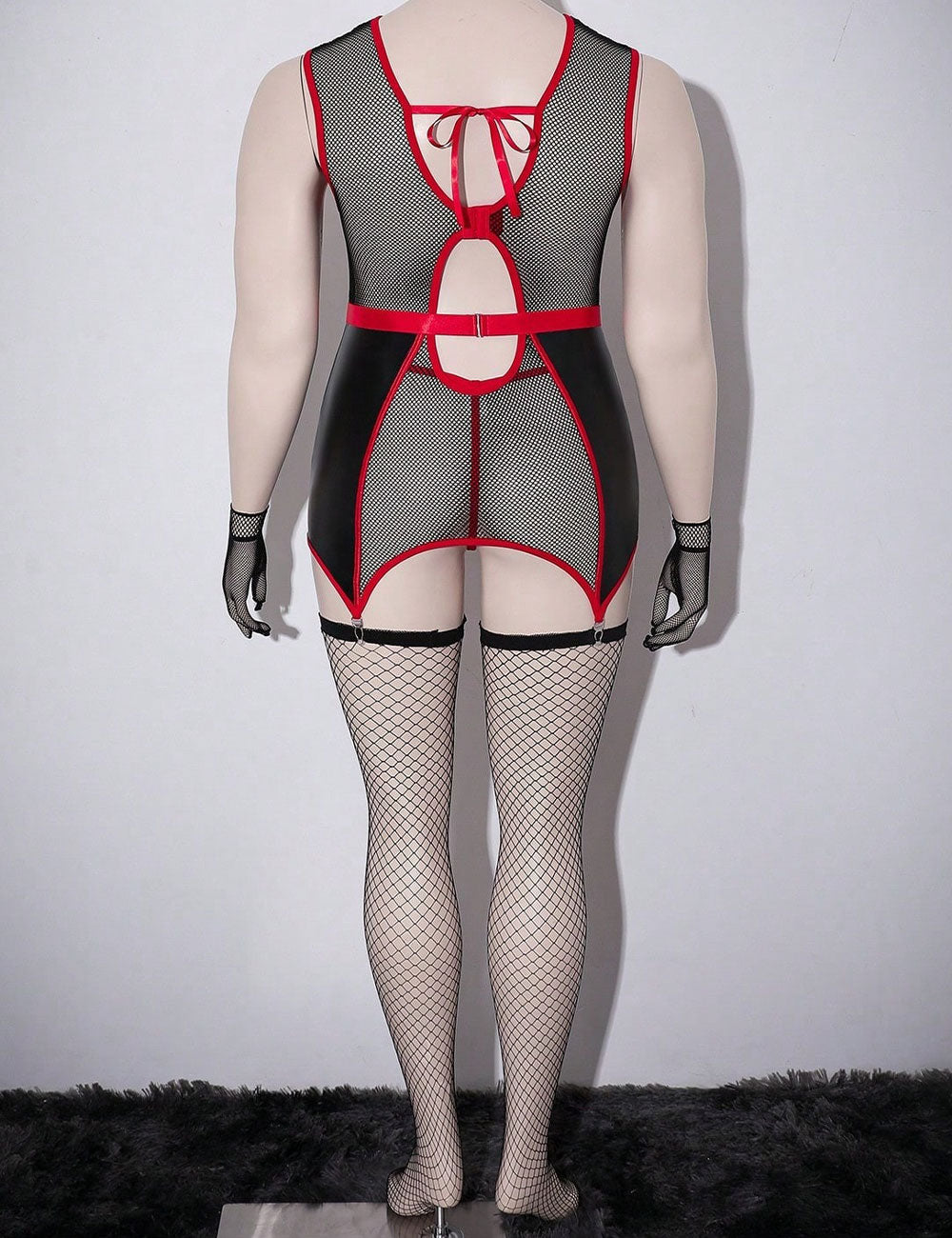 Plus Size Black Red Mesh Cutout Bustier Lingerie Set