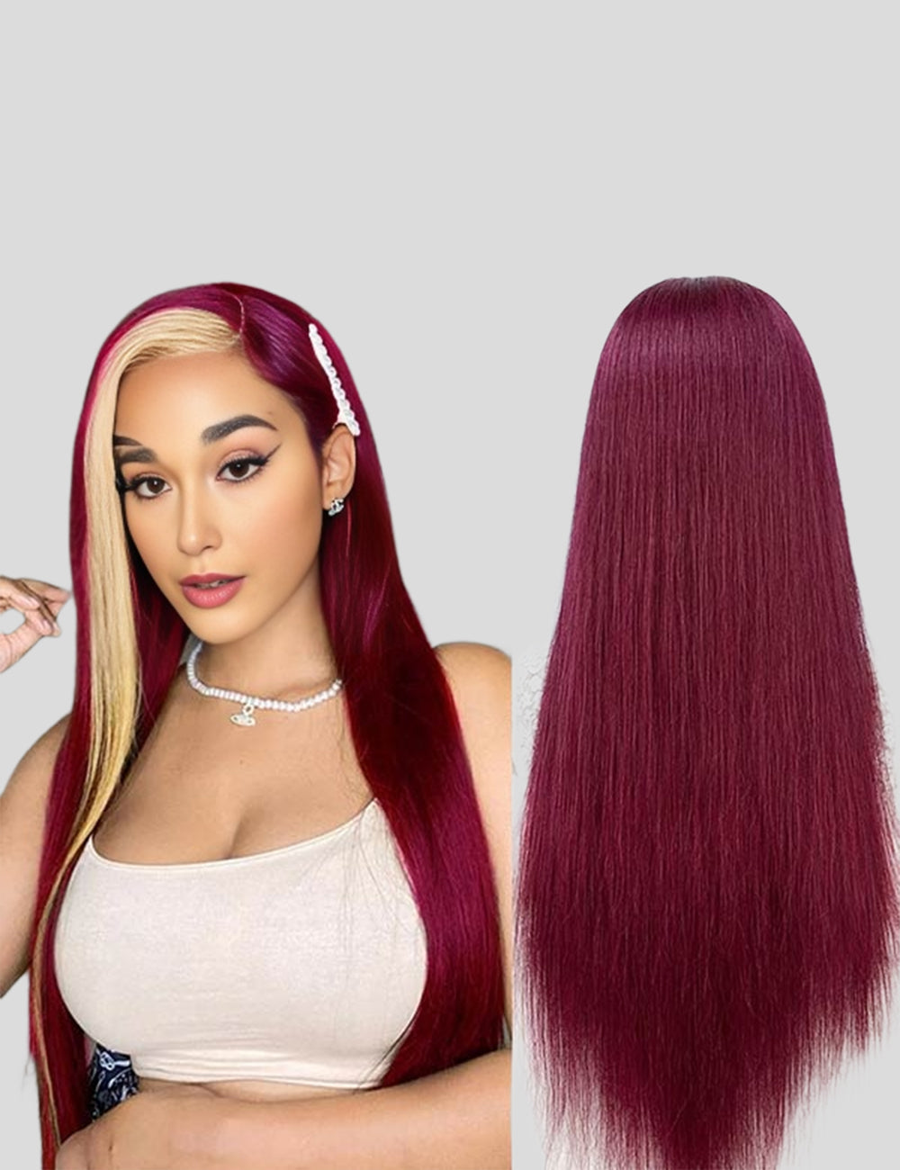 99J Burgundy with 613 Blonde Highlights 13x4 Bone Straight Skunk Stripe Wig HD Lace Wigs-1