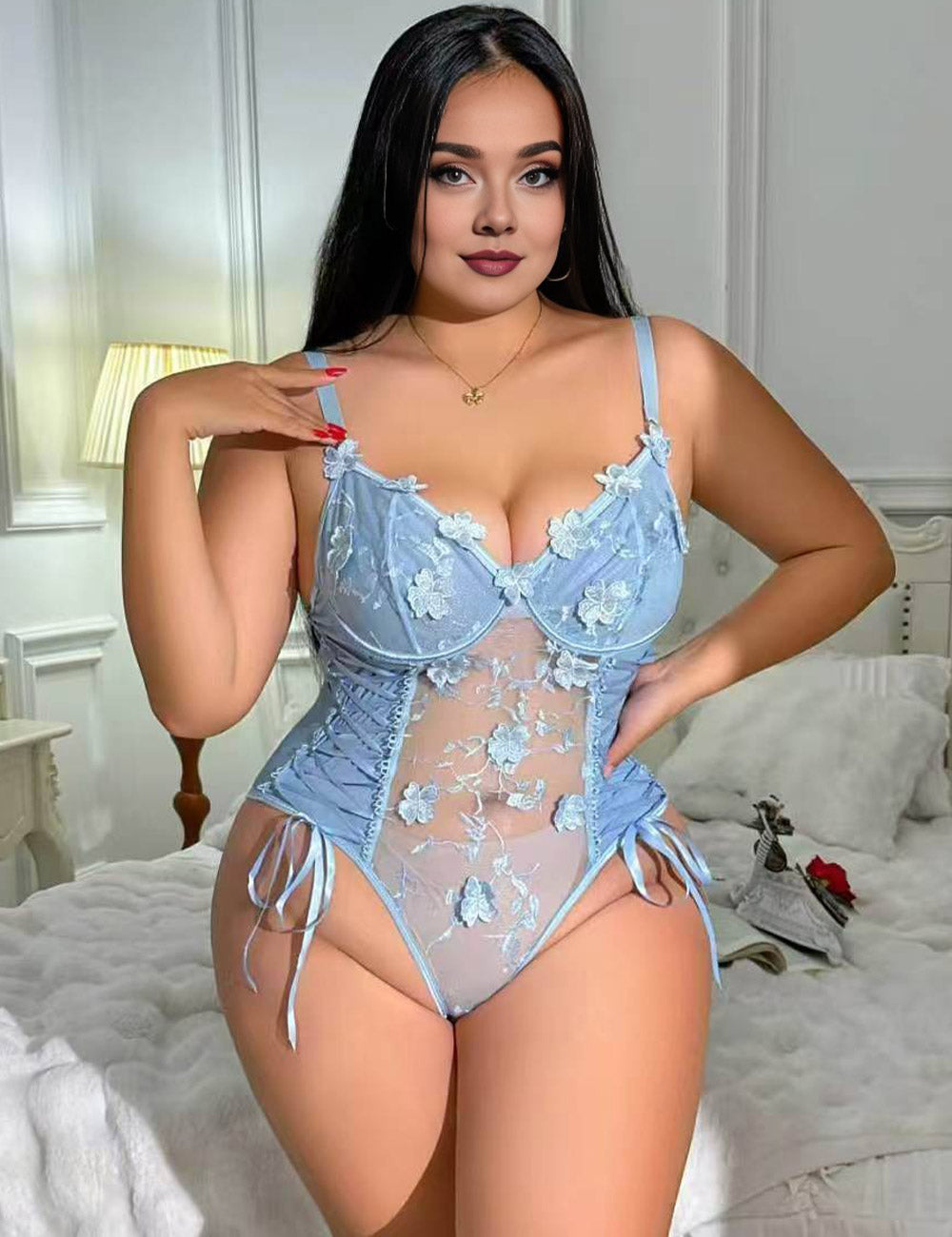 Plus Size Blue Floral Embroidered Lace-Up Bodysuit