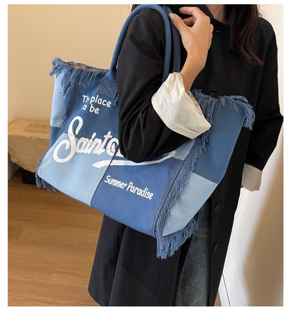 Beach Large Capacity Handmade Tassel Print Tote Bag |PRUSES-8