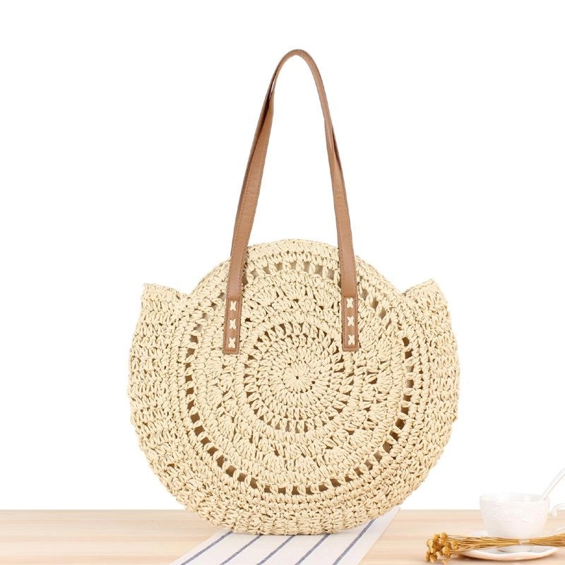 Beige Circle Straw Shoulder Tote Beach Bags | PRUSES
