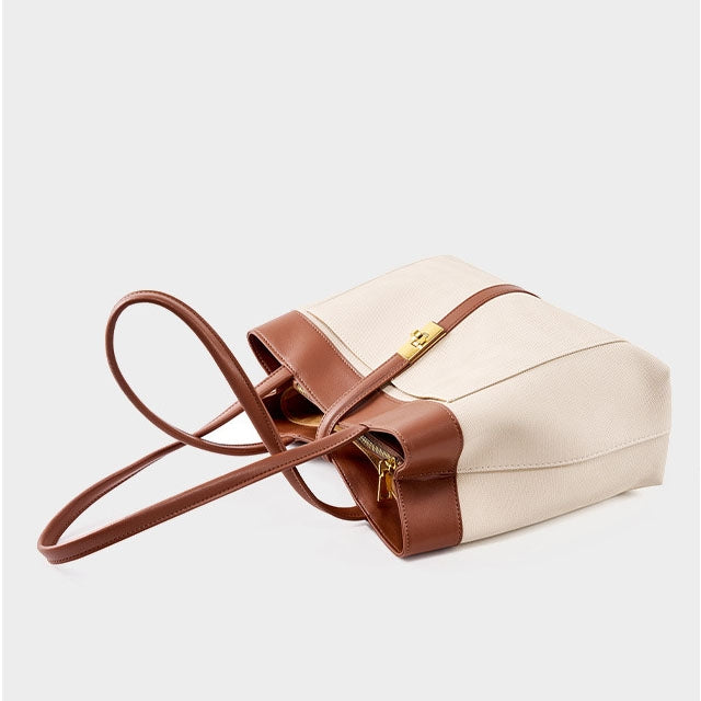 Beige Genuine Leather Big Totes Twist Lock Handbags For Work | PRUSES-1