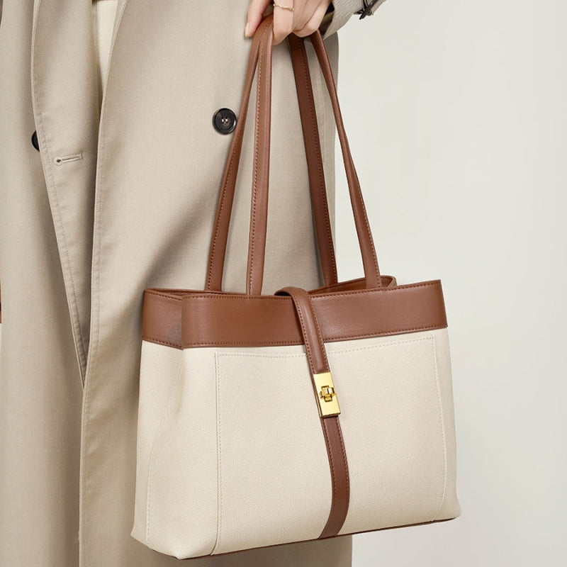 Beige Genuine Leather Big Totes Twist Lock Handbags For Work | PRUSES-3