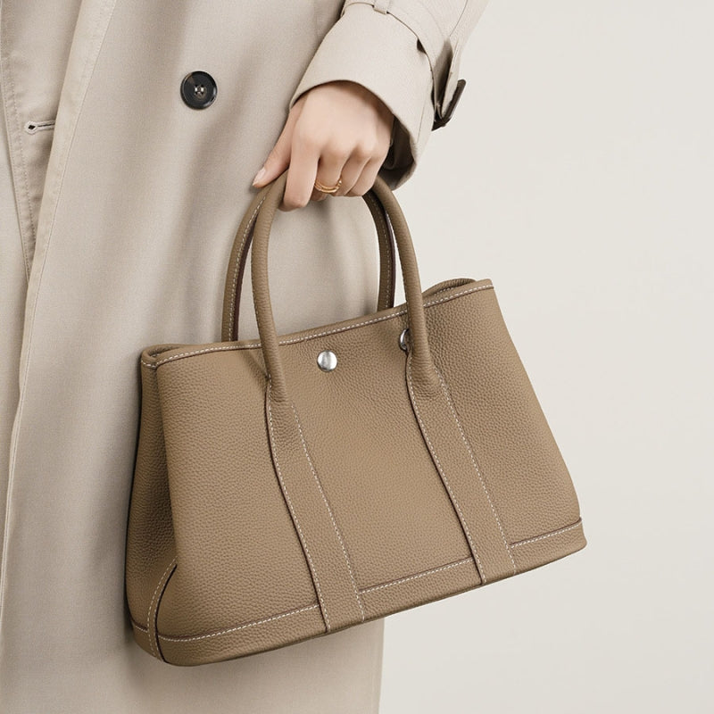 Beige Leather Tote Bag Wide Strap Crossbody Bucket Bags | PRUSES-6