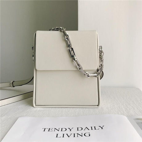 Beige Summer Leather Crossbody Box Bag Purse with Silver Chain