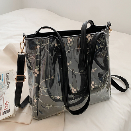Black Clear Tote Bag Flower Printed Crossbody Tote with Removable Strap| PRUSES-5