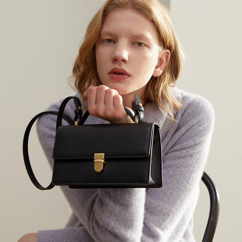 Black Flap Mini Square Shoulder Bag Top-handle Purse| PRUSES