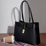 Black Genuine Leather Big Totes Twist Lock Handbags For Work | PRUSES