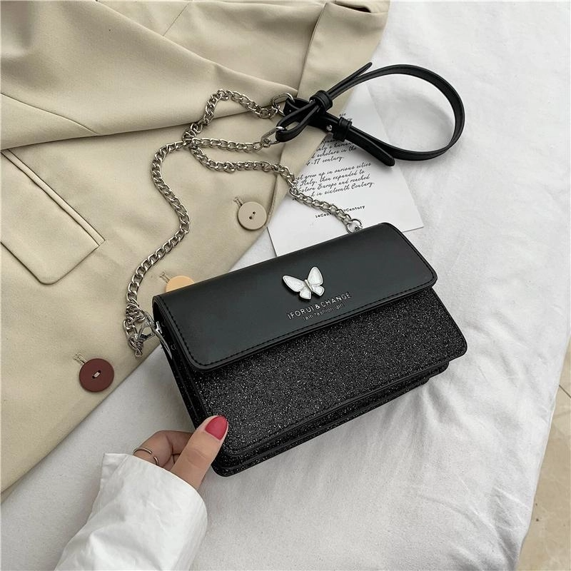 Black Glitter Flap Butterfly Crossbody Chain Bag Purse with Zipper| PRUSES