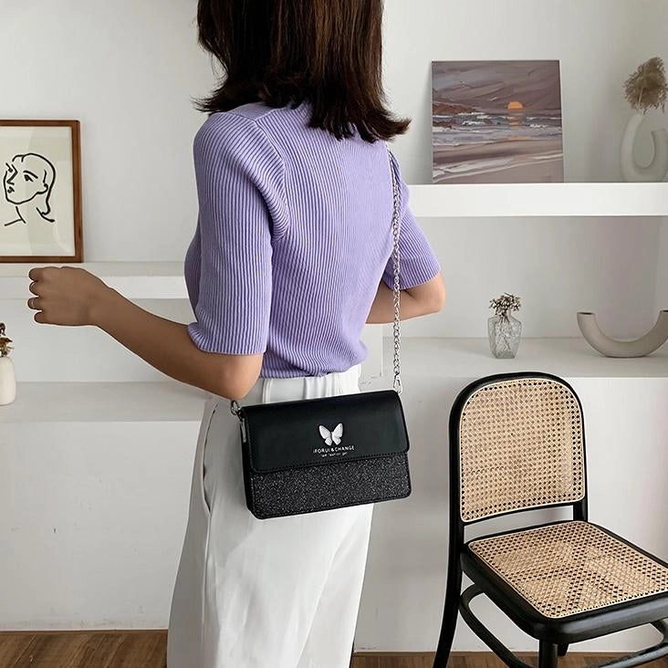 Black Glitter Flap Butterfly Crossbody Chain Bag Purse with Zipper| PRUSES