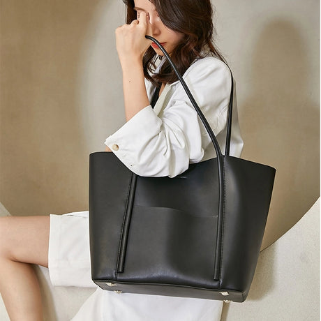 Black Leather Large Tote Bag With Inner Pouch Handbags For Work | PRUSES-3