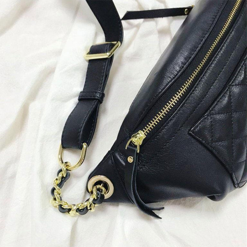 Black Leather Quilted Belt Bag Crossbody Waist Bag | PRUSES-2